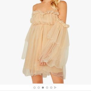 Off Shoulder Flounce Long Sleeve Wedding Ruffle Mesh Party Mini Dress